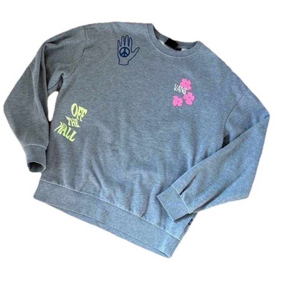 Vans Womens Gray Graphic Crewneck Sweatshirt Off The Wall Peace Flower Small